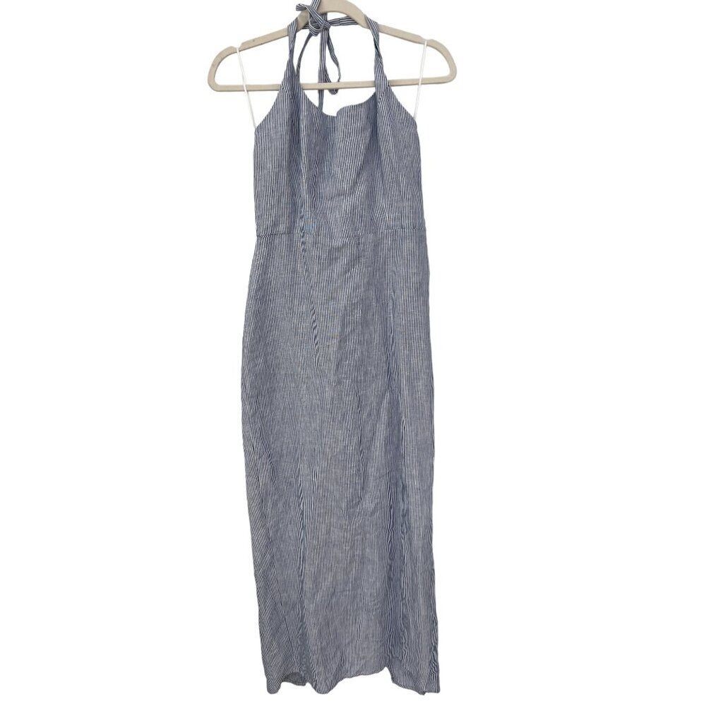 Oliveaceous Linen Striped Halter Maxi Dress Womens L Blue White Nautical Trendy